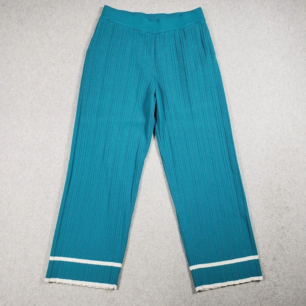 BTFBM Womens 2 Piece Lounge Set Large Teal Blue Ribbed Knit Polo & Wide Leg Pant